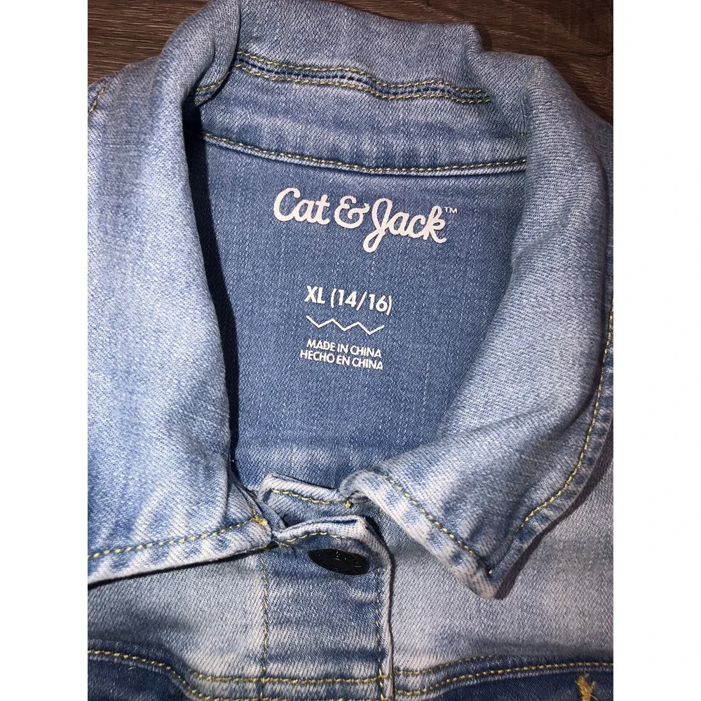 Cat And Jack Denim Jacket Girls XL (14-16) Blue Jean Snap Button‎ Stretch *spot